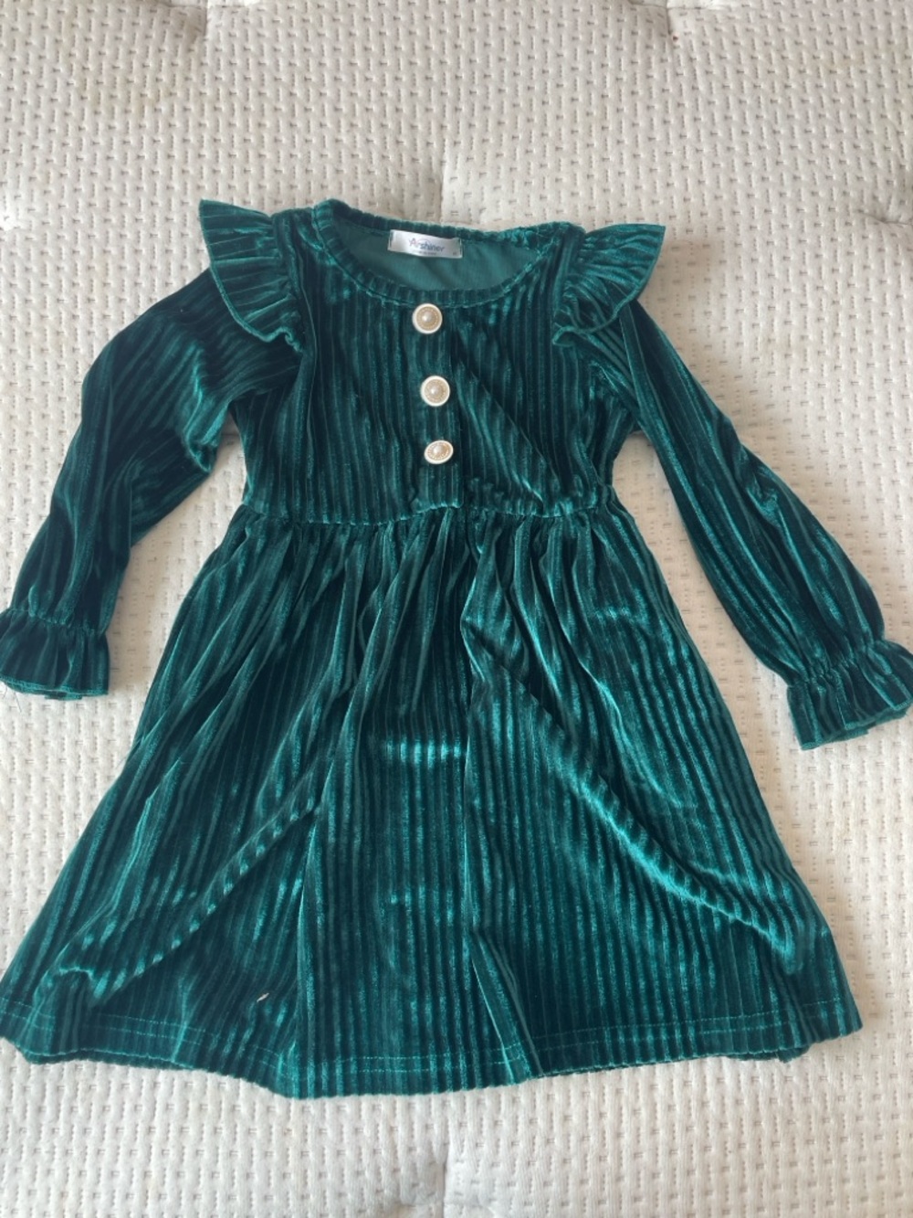 Kids Velvet Green Long-Sleeve Dress with Pearl Buttons